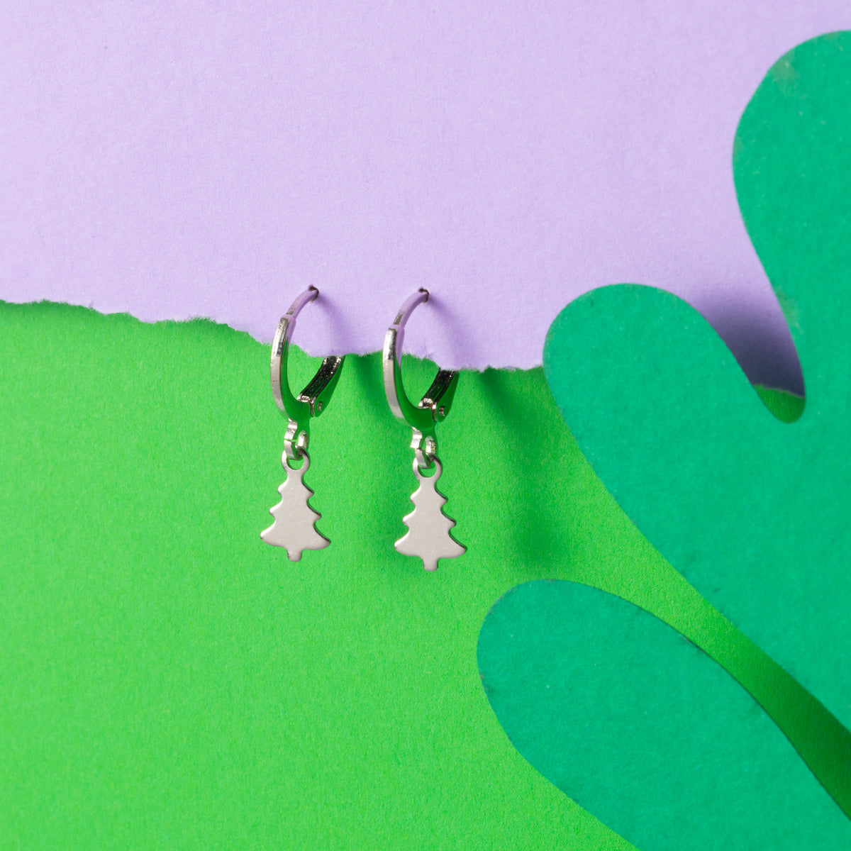 Christmas tree Huggie Hoops Silver
