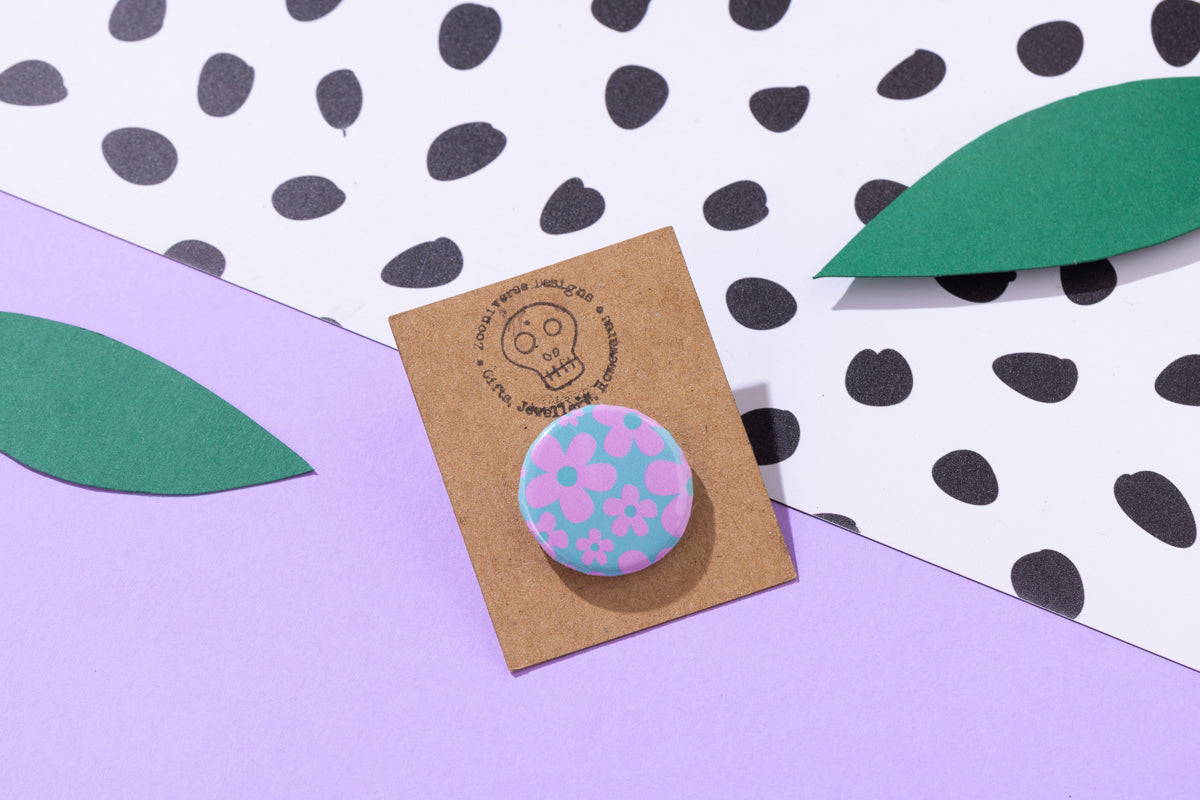 Pink and Teal floral 25mm button badge