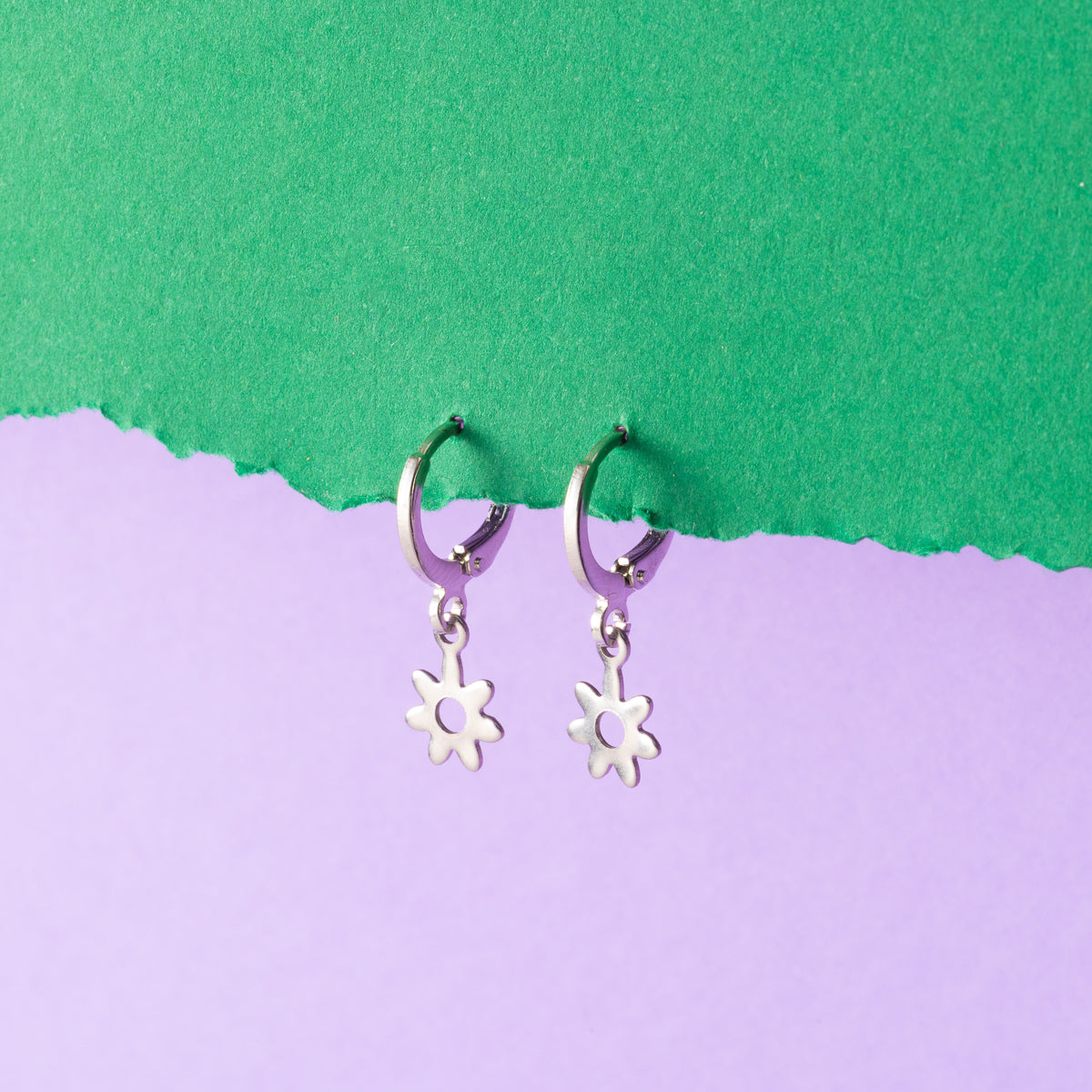 Flower silver Huggie Hoops