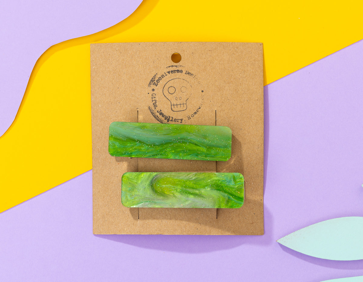 Green Galaxy Rectangle Hairclips