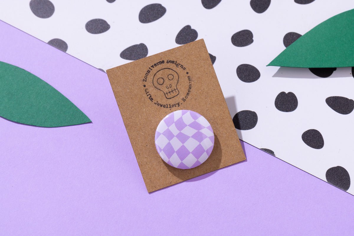 Lilac and white curved chequer 25mm Button Badge