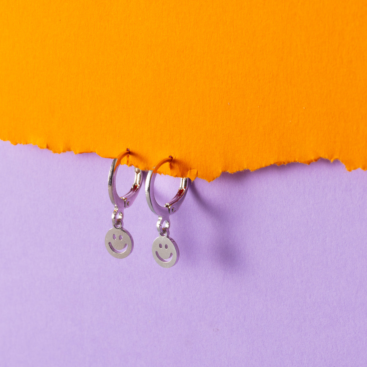 Smiley Face Silver Huggie Hoops