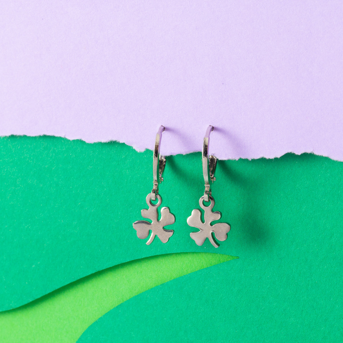 four leaf clover Huggie Hoops Silver