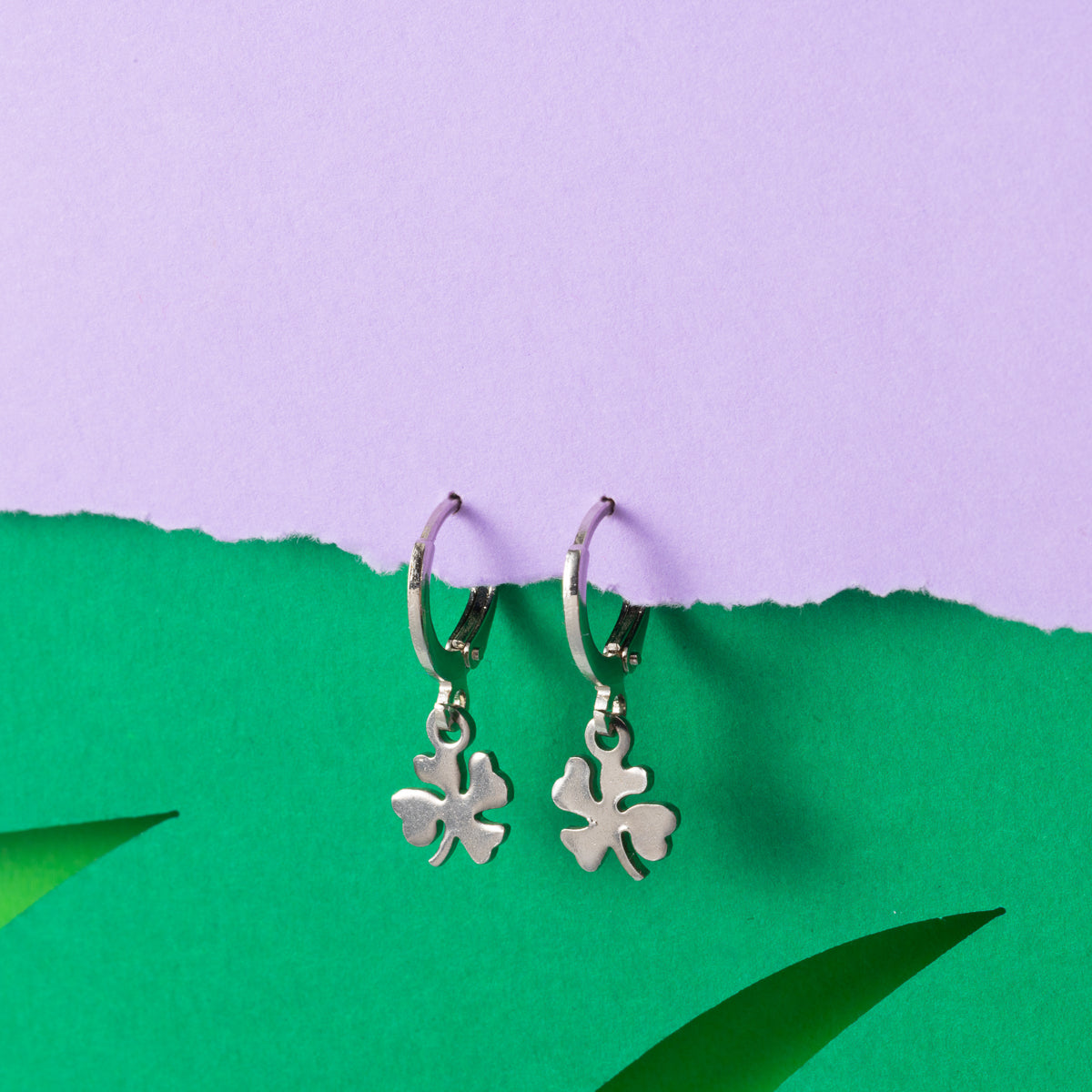 four leaf clover Huggie Hoops Silver