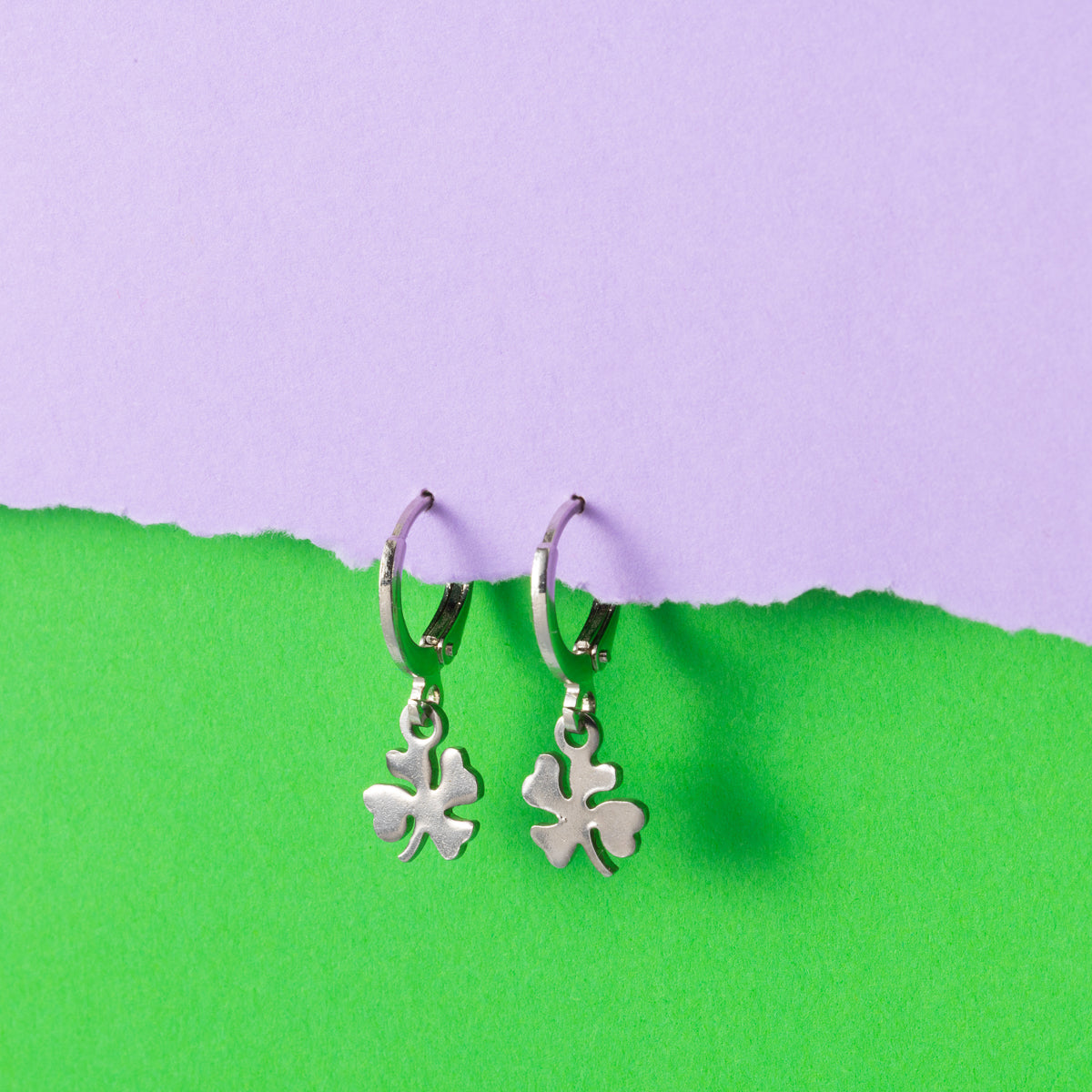 four leaf clover Huggie Hoops Silver