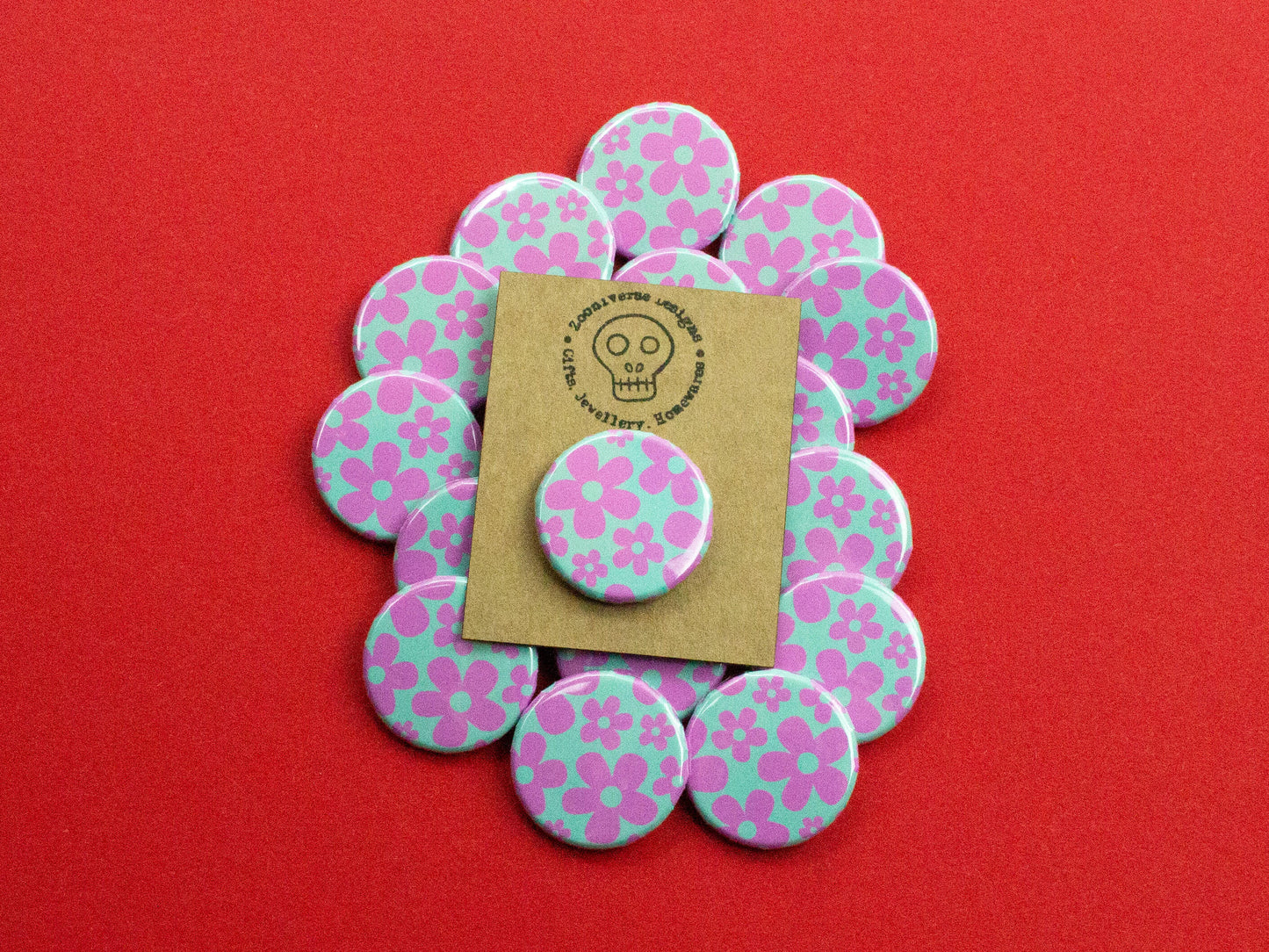 Pink and Teal floral 25mm button badge