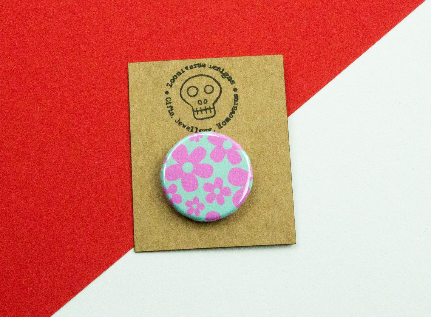 Pink and Teal floral 25mm button badge