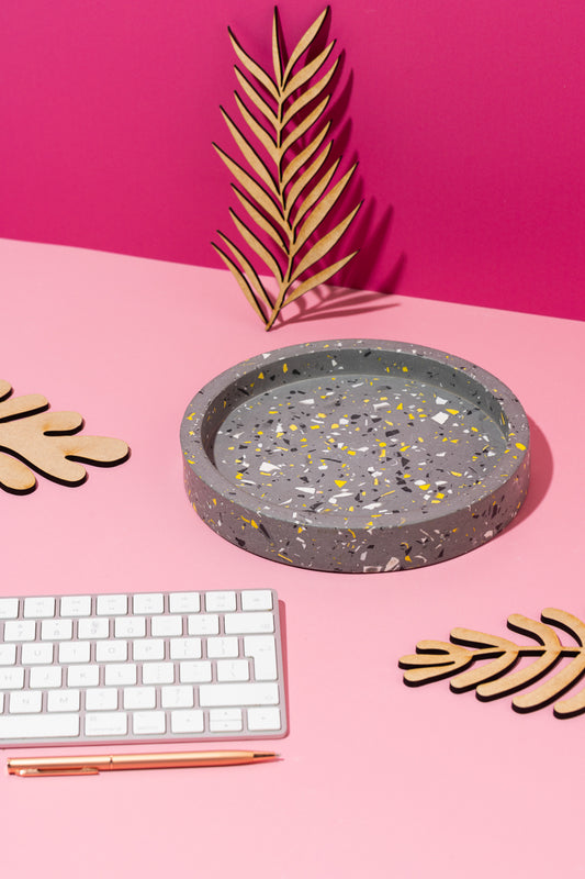 Black, Yellow, White, Grey Terrazzo Medium Round Trinket Tray