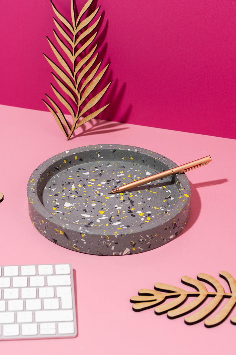 Black, Yellow, White, Grey Terrazzo Medium Round Trinket Tray