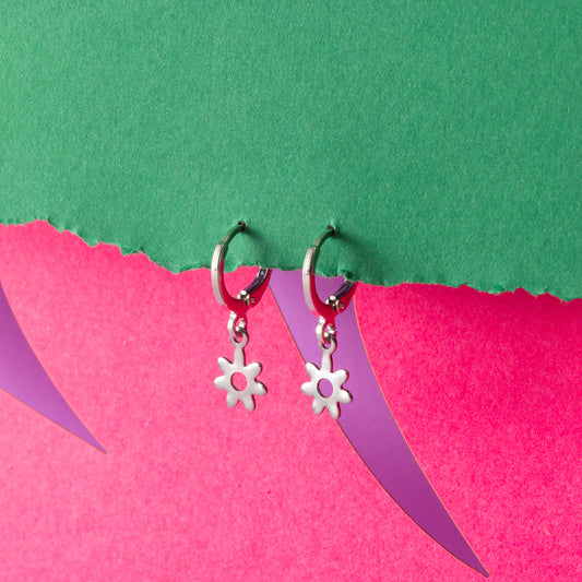 Flower silver Huggie Hoops
