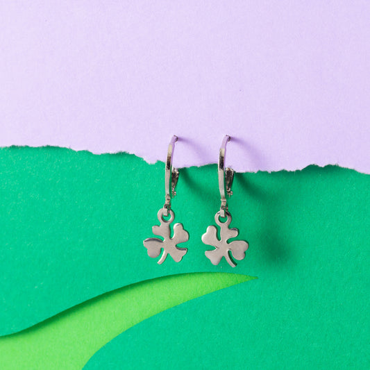 four leaf clover Huggie Hoops Silver